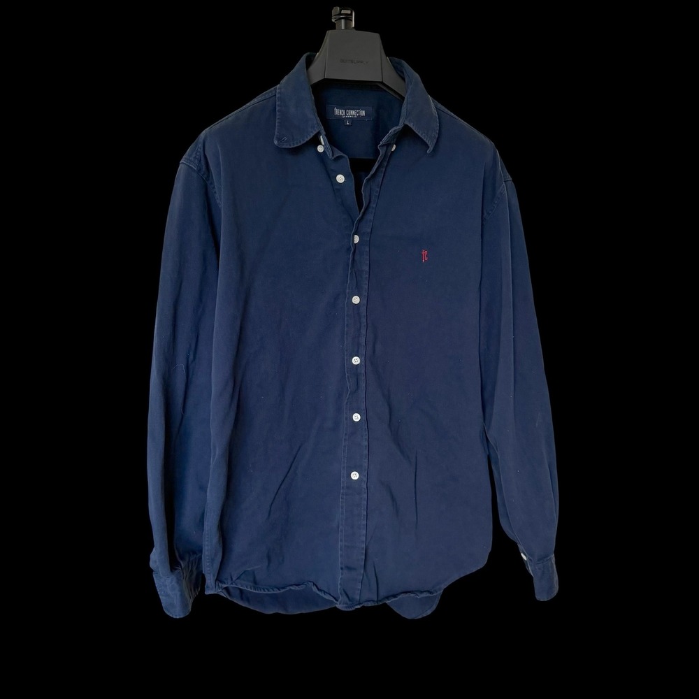 Vintage French Connection Navy Blue Long Sleeve Button Down Shirt Logo Large